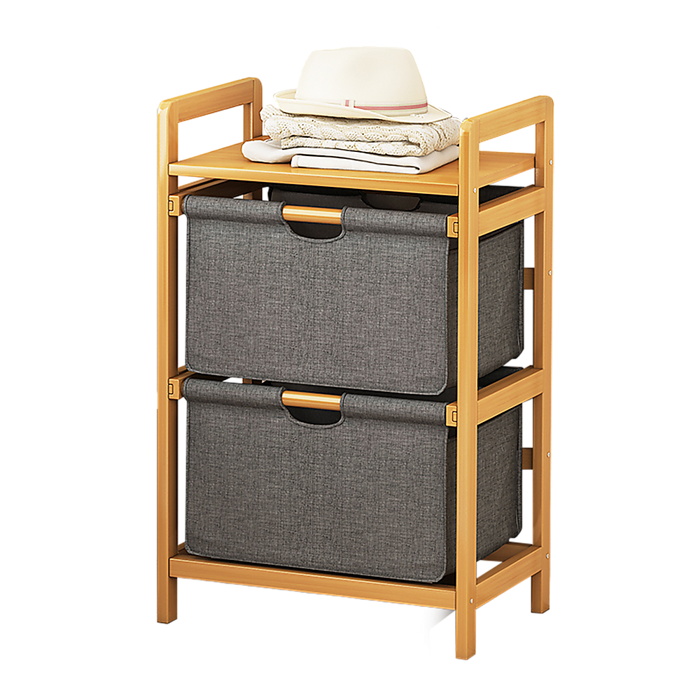 Bamboo Shelf with Storage Hamper - Wooden Organiser with Three-Set Rack Laundry Bags V63-838781