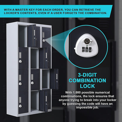 12-Door Locker for Office Gym Shed School Home Storage - 3-Digit Combination Lock V63-839031