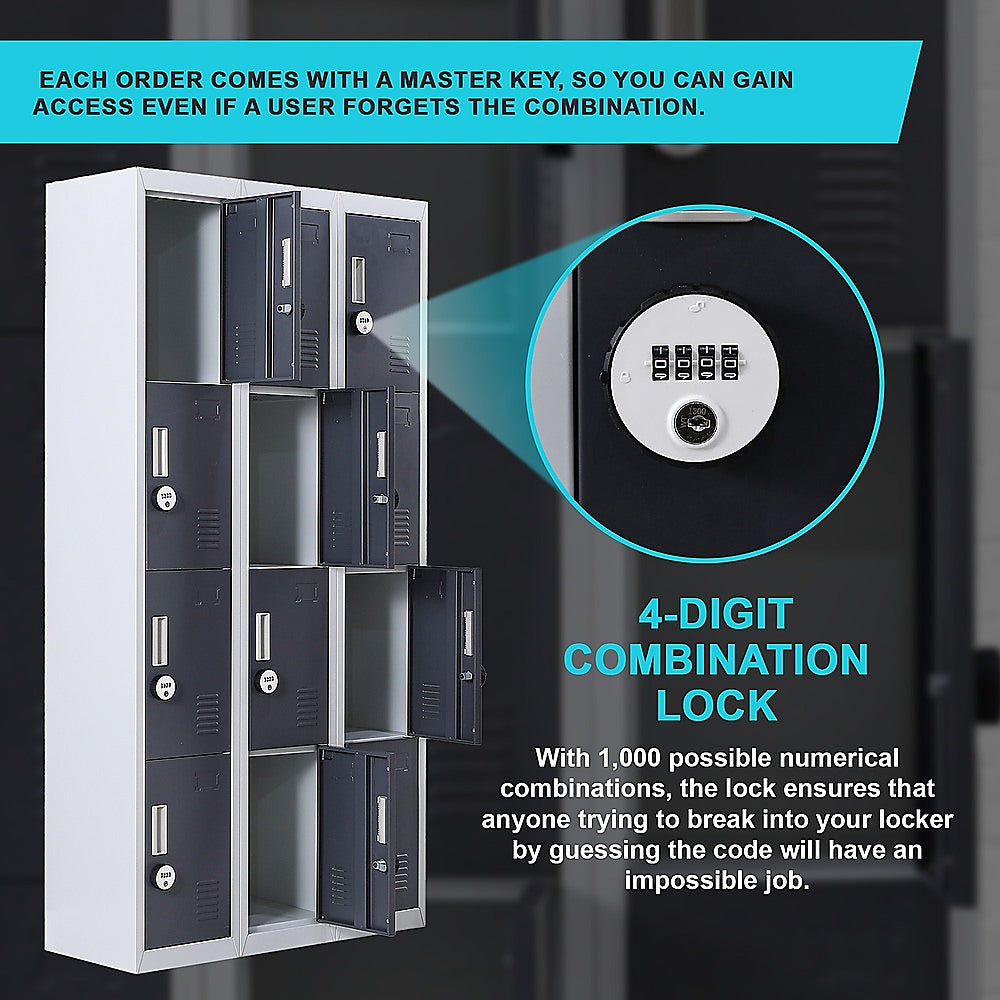 12-Door Locker for Office Gym Shed School Home Storage - 4-Digit Combination Lock V63-839041