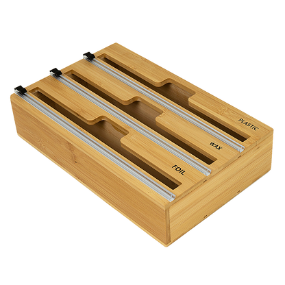 3 Grids Bamboo Food Wrap Dispenser Cutter Foil Cling Film Storage Holder Box Kitchen V63-839141