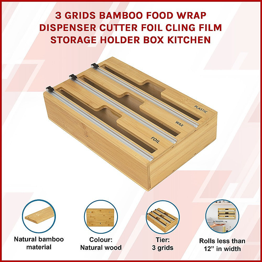 3 Grids Bamboo Food Wrap Dispenser Cutter Foil Cling Film Storage Holder Box Kitchen V63-839141