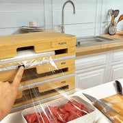 3 Grids Bamboo Food Wrap Dispenser Cutter Foil Cling Film Storage Holder Box Kitchen V63-839141