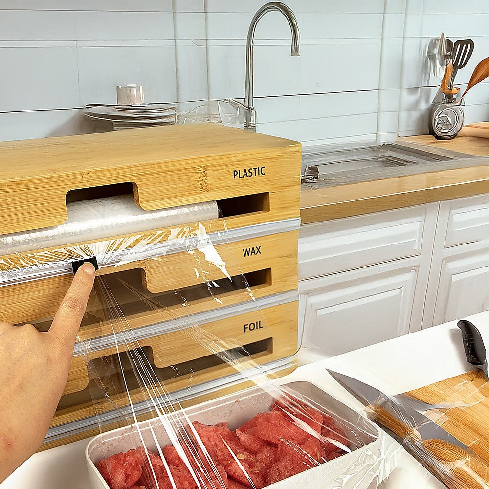 3 Grids Bamboo Food Wrap Dispenser Cutter Foil Cling Film Storage Holder Box Kitchen V63-839141