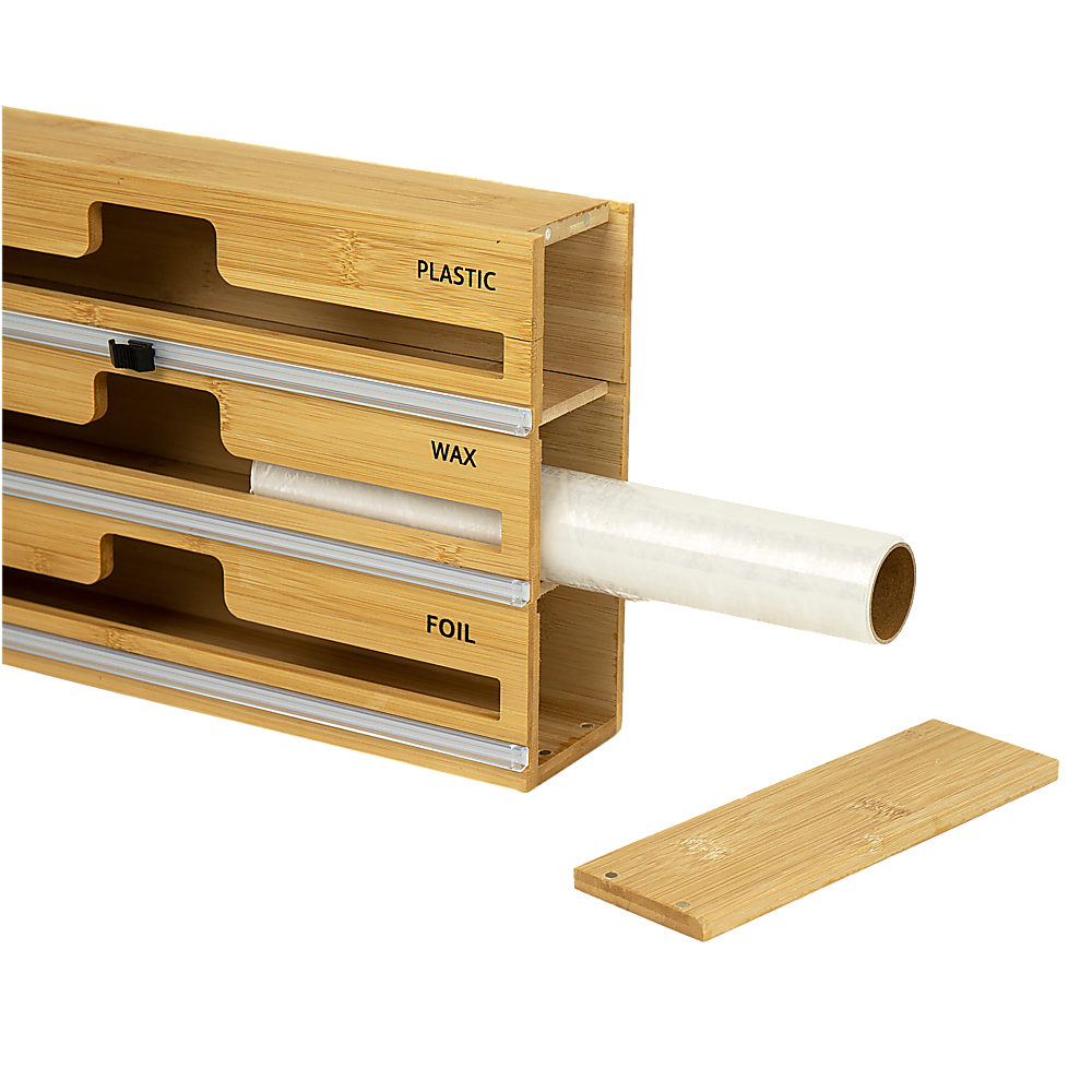 3 Grids Bamboo Food Wrap Dispenser Cutter Foil Cling Film Storage Holder Box Kitchen V63-839141