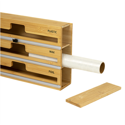 3 Grids Bamboo Food Wrap Dispenser Cutter Foil Cling Film Storage Holder Box Kitchen V63-839141