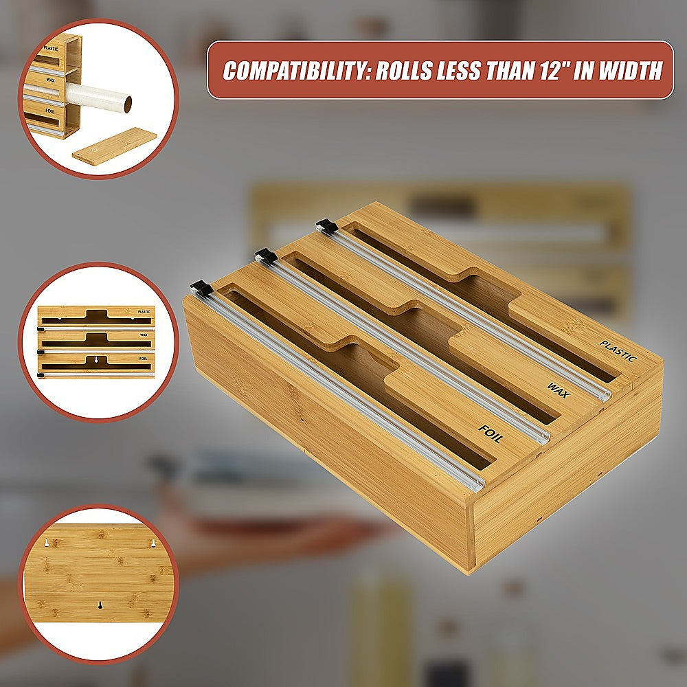 3 Grids Bamboo Food Wrap Dispenser Cutter Foil Cling Film Storage Holder Box Kitchen V63-839141