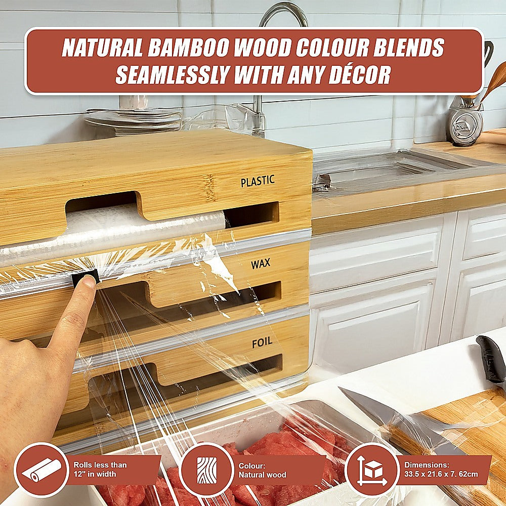 3 Grids Bamboo Food Wrap Dispenser Cutter Foil Cling Film Storage Holder Box Kitchen V63-839141