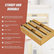3 Grids Bamboo Food Wrap Dispenser Cutter Foil Cling Film Storage Holder Box Kitchen V63-839141