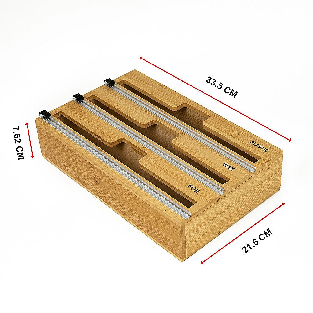 3 Grids Bamboo Food Wrap Dispenser Cutter Foil Cling Film Storage Holder Box Kitchen V63-839141