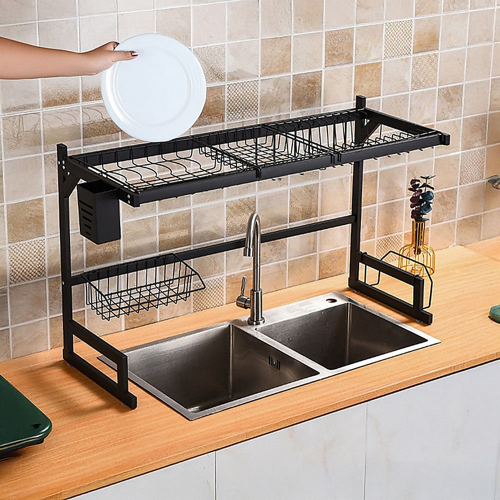 85cm Dish Drying Rack Drainer Over Sink Steel Cup Cutlery Organizer 2 Tier V63-839371