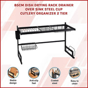 85cm Dish Drying Rack Drainer Over Sink Steel Cup Cutlery Organizer 2 Tier V63-839371
