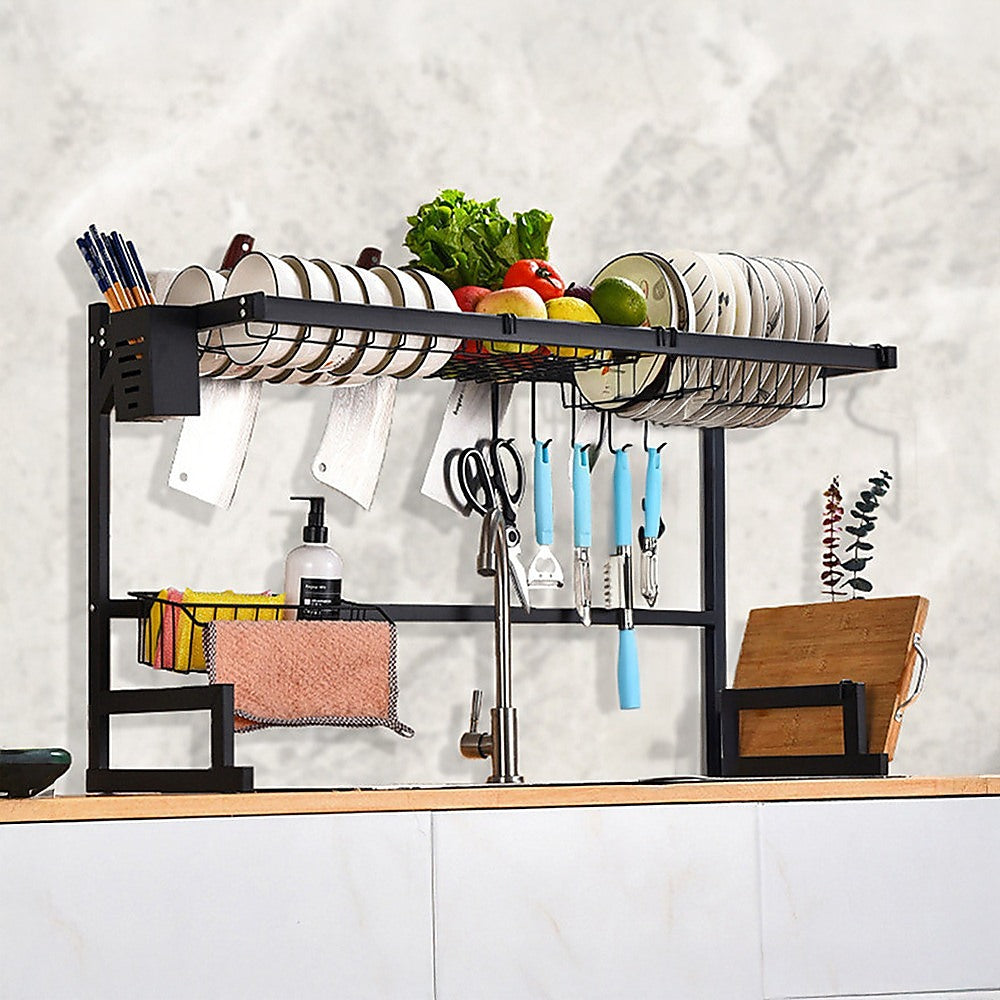 85cm Dish Drying Rack Drainer Over Sink Steel Cup Cutlery Organizer 2 Tier V63-839371