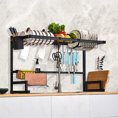 85cm Dish Drying Rack Drainer Over Sink Steel Cup Cutlery Organizer 2 Tier V63-839371