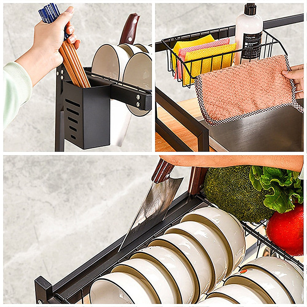 85cm Dish Drying Rack Drainer Over Sink Steel Cup Cutlery Organizer 2 Tier V63-839371