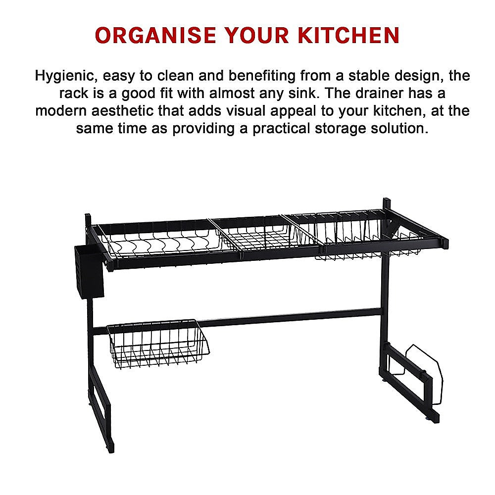 85cm Dish Drying Rack Drainer Over Sink Steel Cup Cutlery Organizer 2 Tier V63-839371