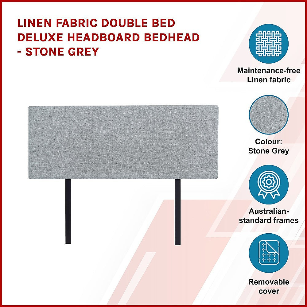 Linen Fabric Double Bed Deluxe Headboard Bedhead - Stone Grey V63-839501