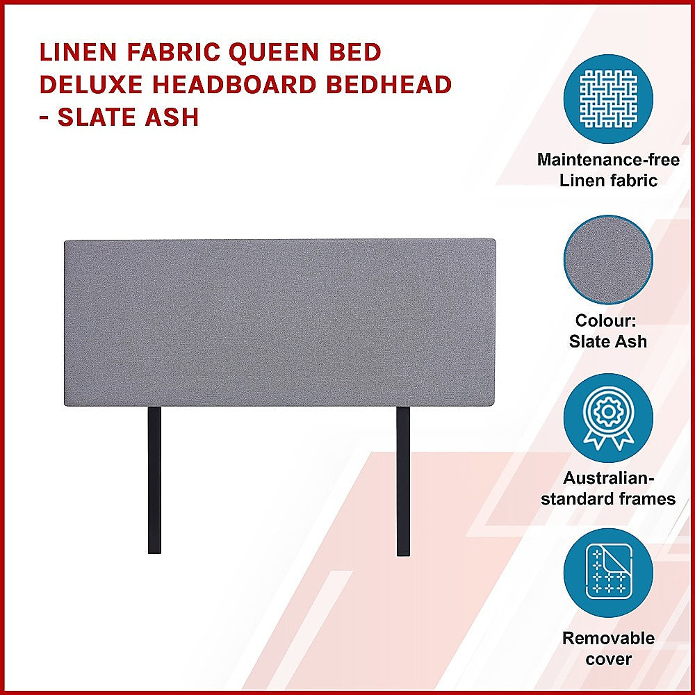 Linen Fabric Queen Bed Deluxe Headboard Bedhead - Slate Ash V63-839551