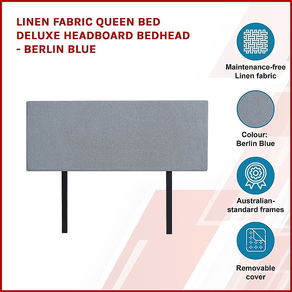 Linen Fabric Queen Bed Deluxe Headboard Bedhead - Berlin Blue V63-839591