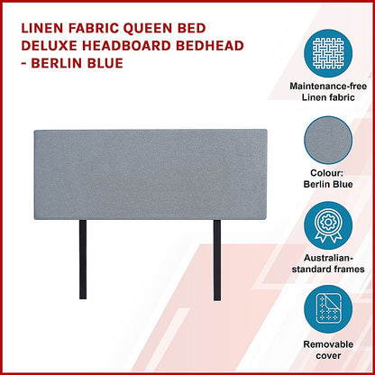 Linen Fabric Queen Bed Deluxe Headboard Bedhead - Berlin Blue V63-839591