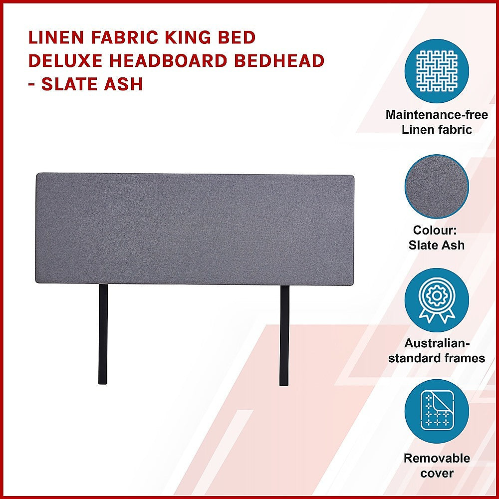 Linen Fabric King Bed Deluxe Headboard Bedhead - Slate Ash V63-839631