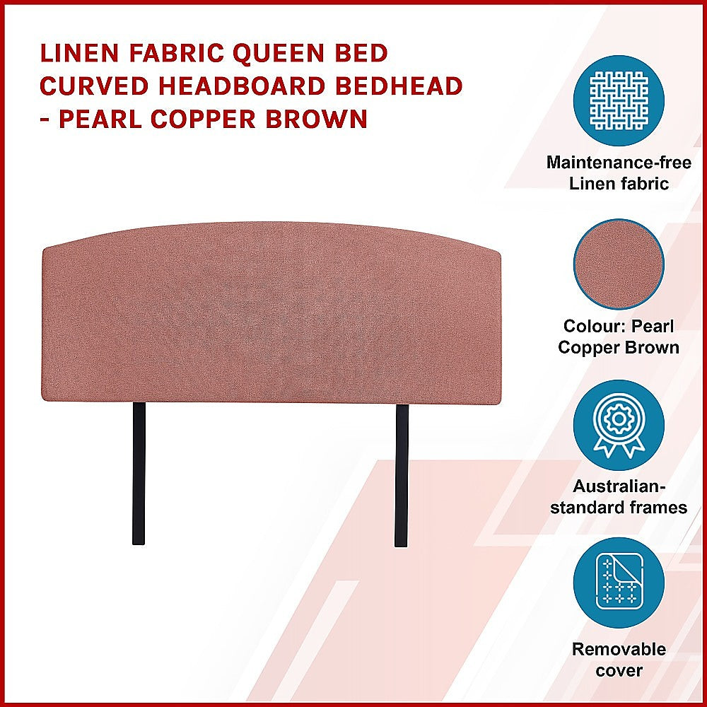 Linen Fabric Queen Bed Curved Headboard Bedhead - Pearl Copper Brown V63-839771