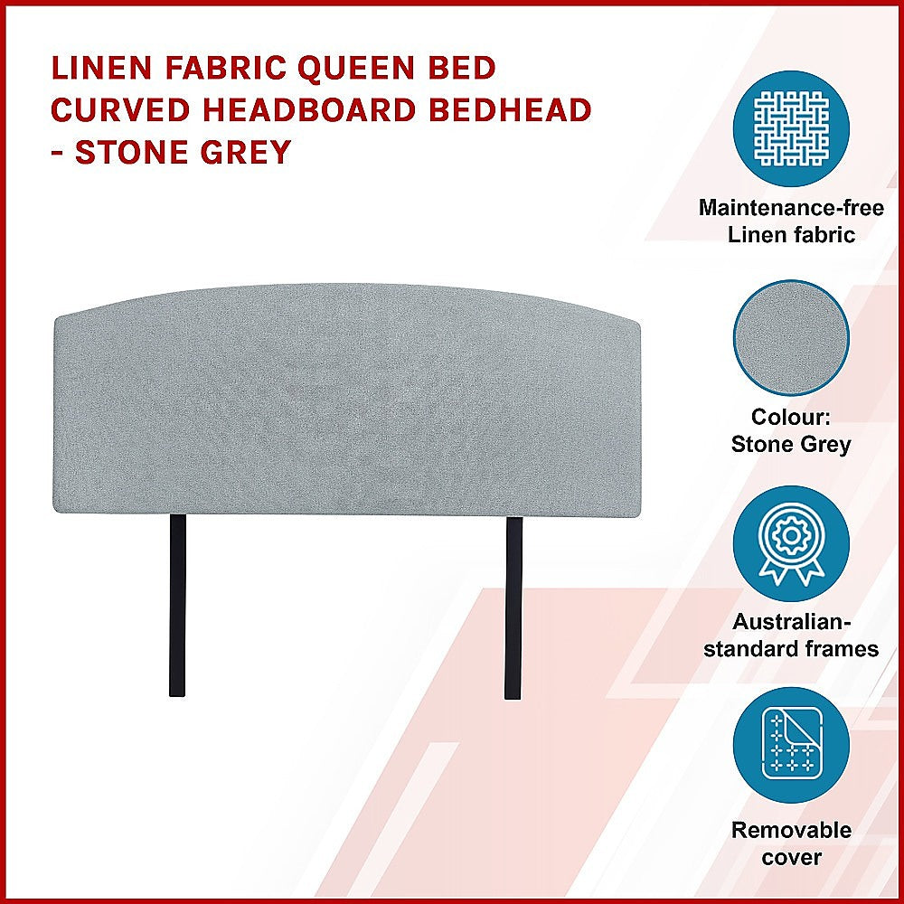 Linen Fabric Queen Bed Curved Headboard Bedhead - Stone Grey V63-839821