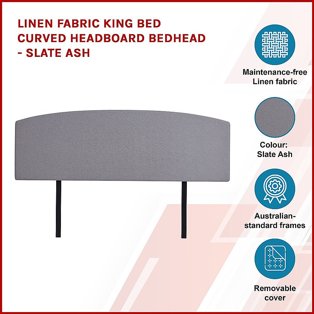 Linen Fabric King Bed Curved Headboard Bedhead - Slate Ash V63-839871