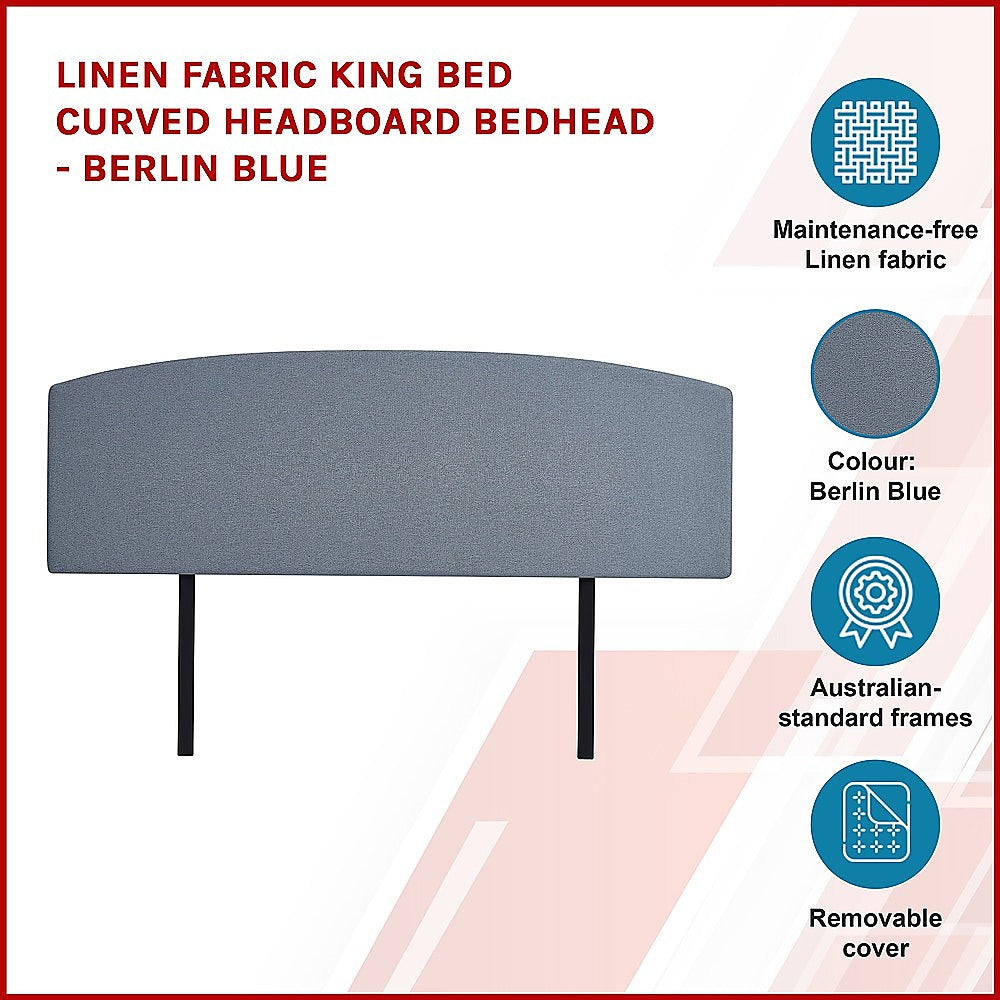 Linen Fabric King Bed Curved Headboard Bedhead - Berlin Blue V63-839911