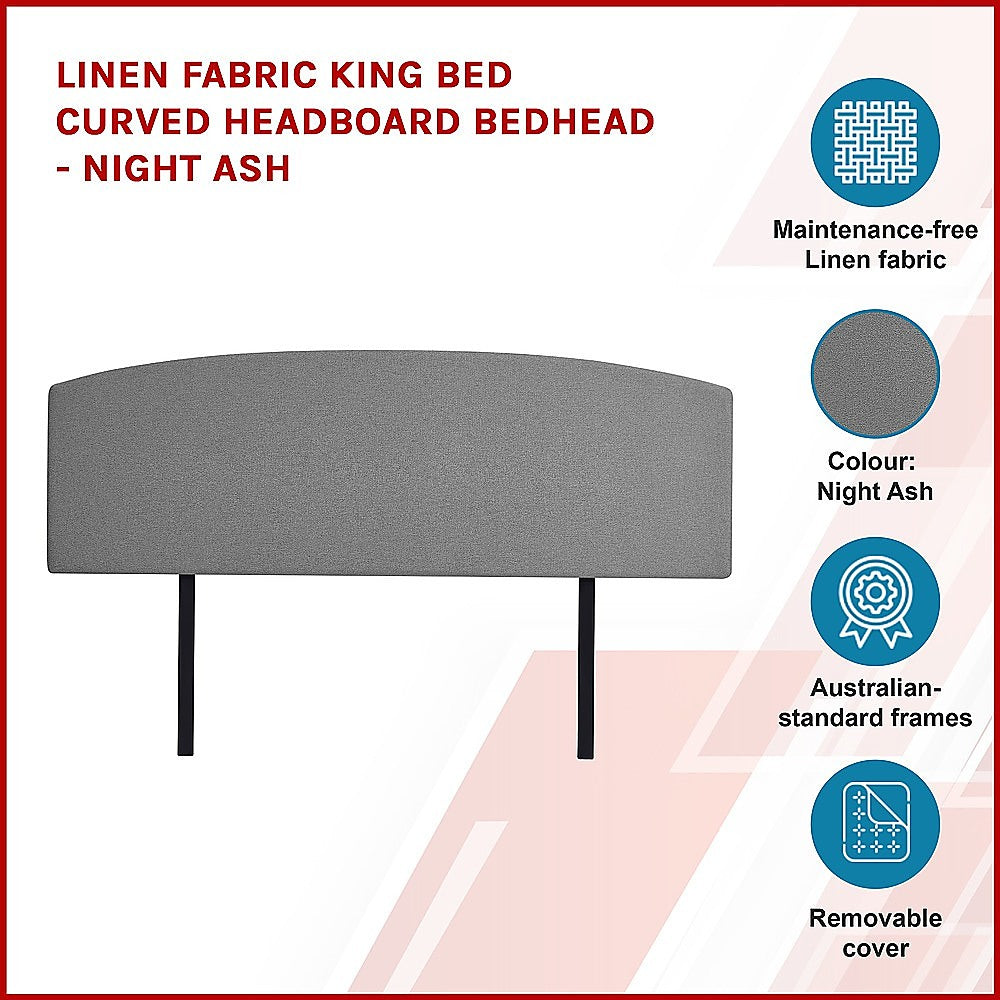 Linen Fabric King Bed Curved Headboard Bedhead - Night Ash V63-839921