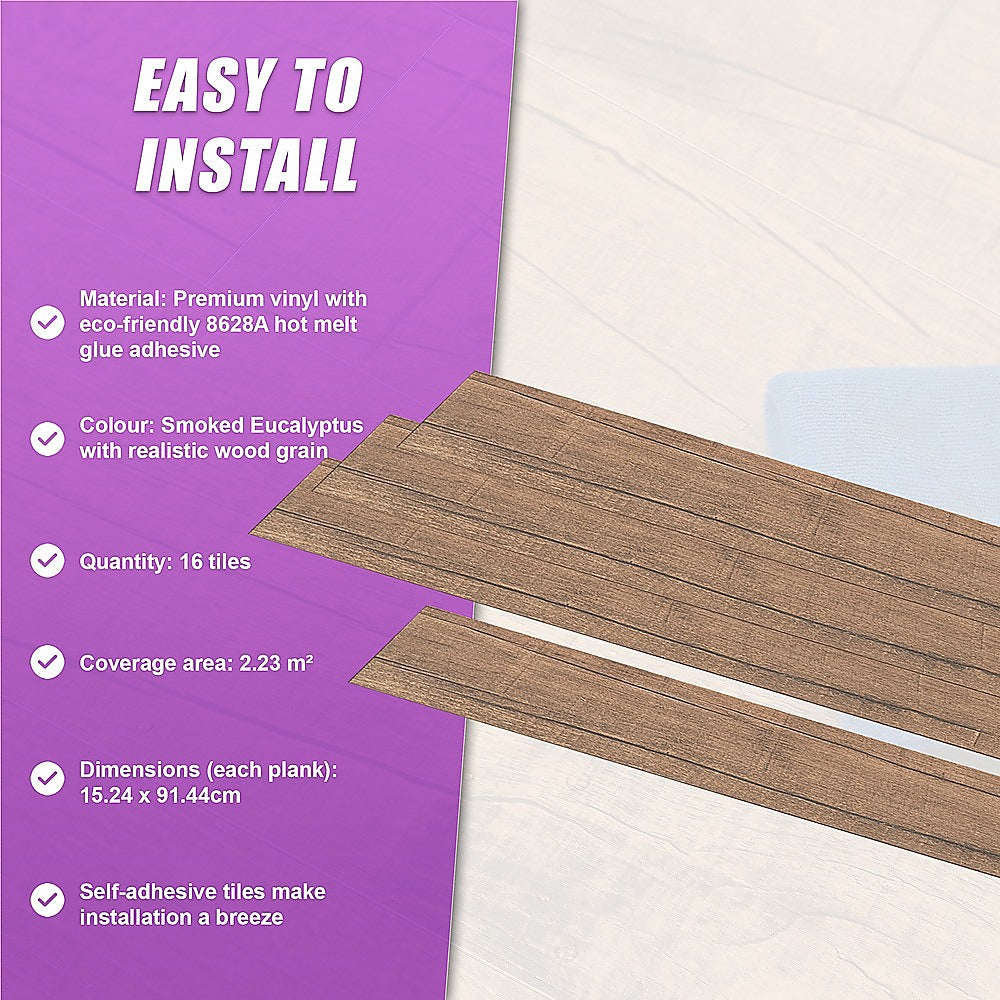 Vinyl Floor Tiles Self Adhesive Flooring Antique Elm Wood Grain 16 Pack 2.3SQM