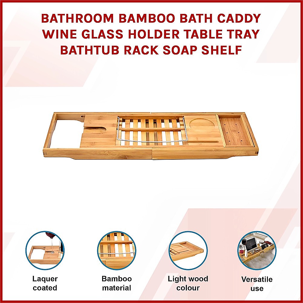 Bathroom Bamboo Bath Caddy Wine Glass Holder Table Tray Bathtub Rack Soap Shelf V63-840221