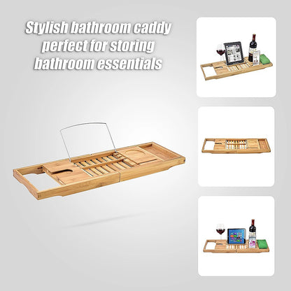 Bathroom Bamboo Bath Caddy Wine Glass Holder Table Tray Bathtub Rack Soap Shelf V63-840221