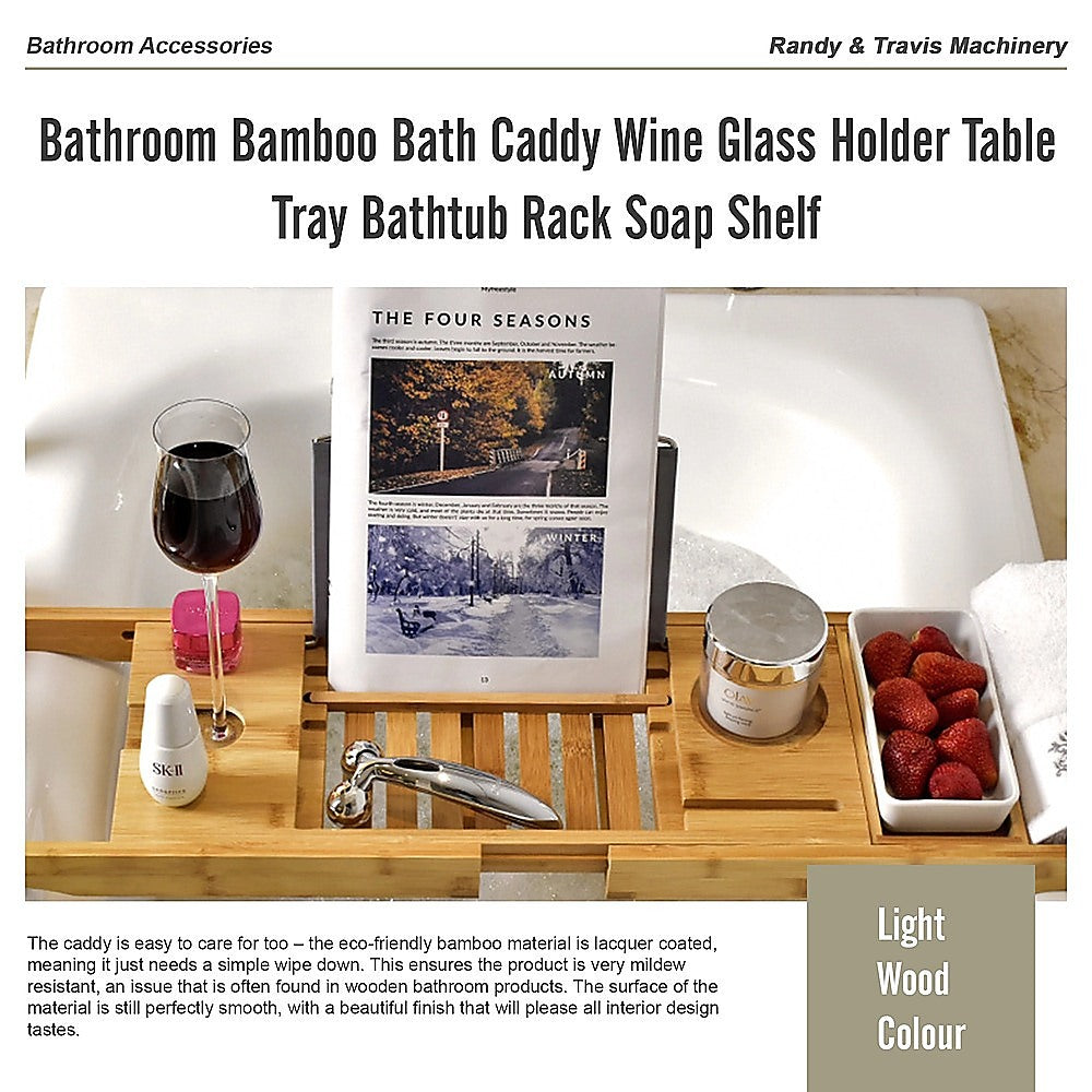 Bathroom Bamboo Bath Caddy Wine Glass Holder Table Tray Bathtub Rack Soap Shelf V63-840221