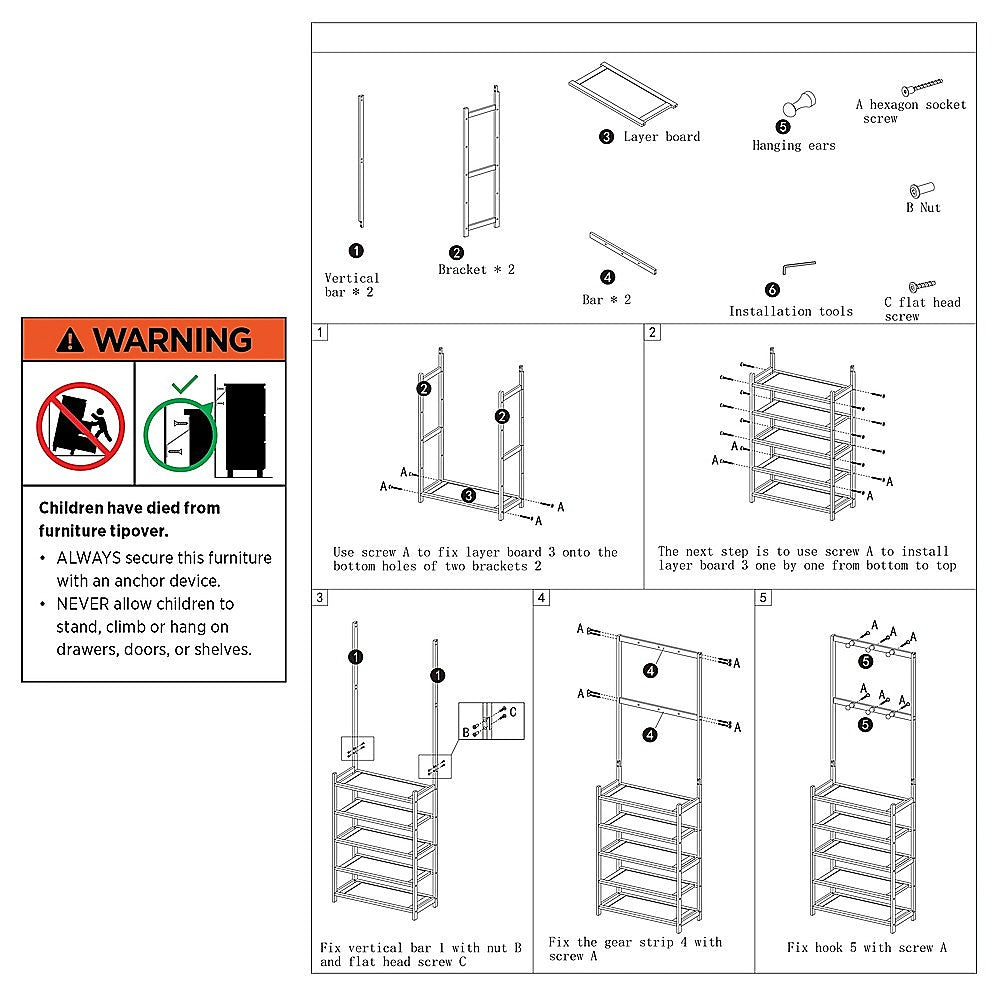 Large Wooden 5 Tiers Hat Coat Stand Clothes Shoe Rack Hanger Hooks Shelf Storage V63-840271