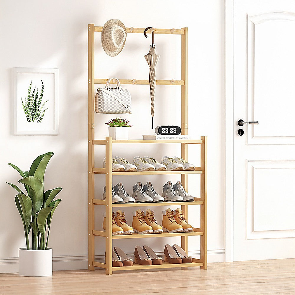 Large Wooden 5 Tiers Hat Coat Stand Clothes Shoe Rack Hanger Hooks Shelf Storage V63-840271