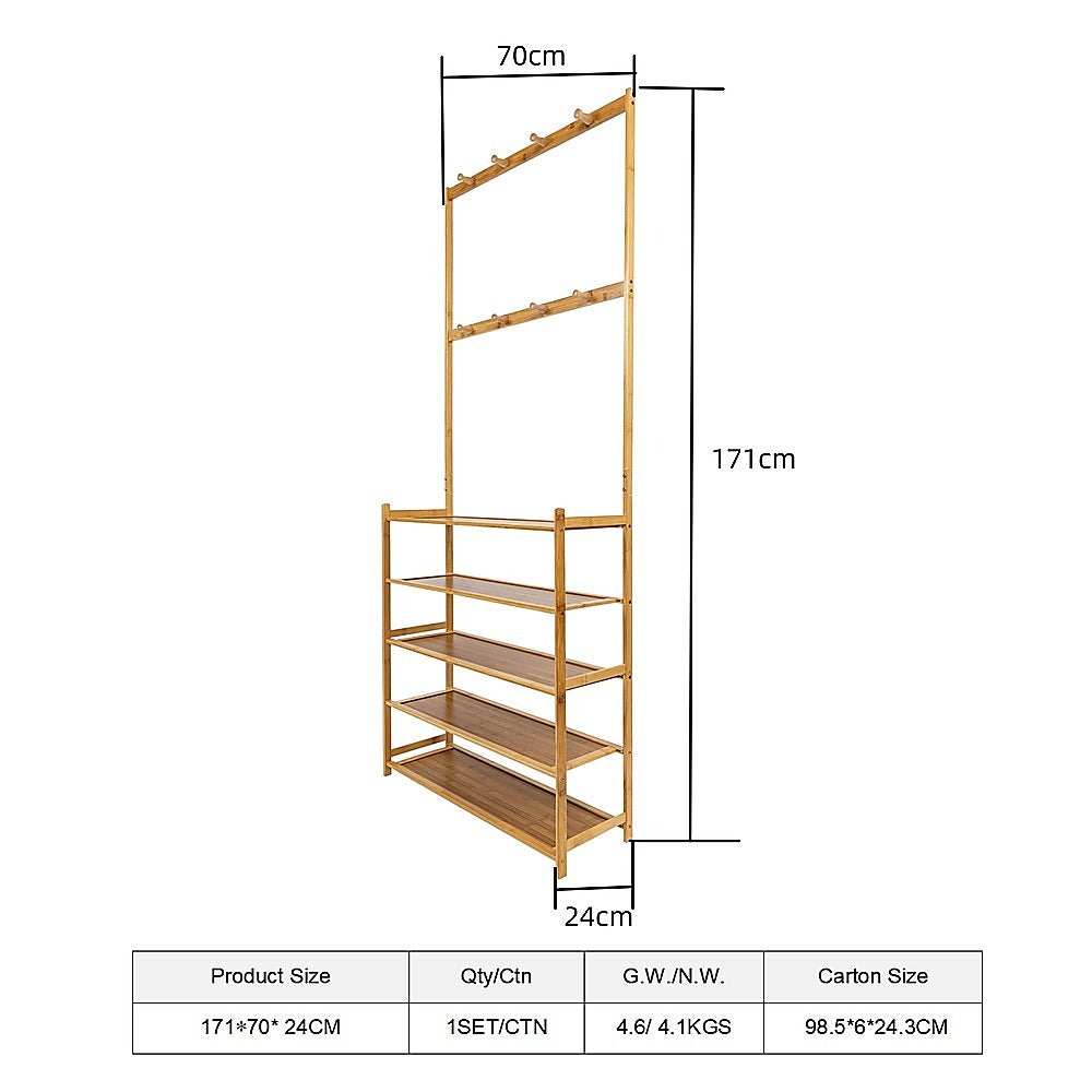 Large Wooden 5 Tiers Hat Coat Stand Clothes Shoe Rack Hanger Hooks Shelf Storage V63-840271