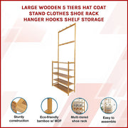 Large Wooden 5 Tiers Hat Coat Stand Clothes Shoe Rack Hanger Hooks Shelf Storage V63-840271