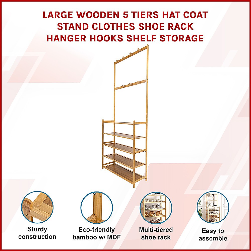 Large Wooden 5 Tiers Hat Coat Stand Clothes Shoe Rack Hanger Hooks Shelf Storage V63-840271
