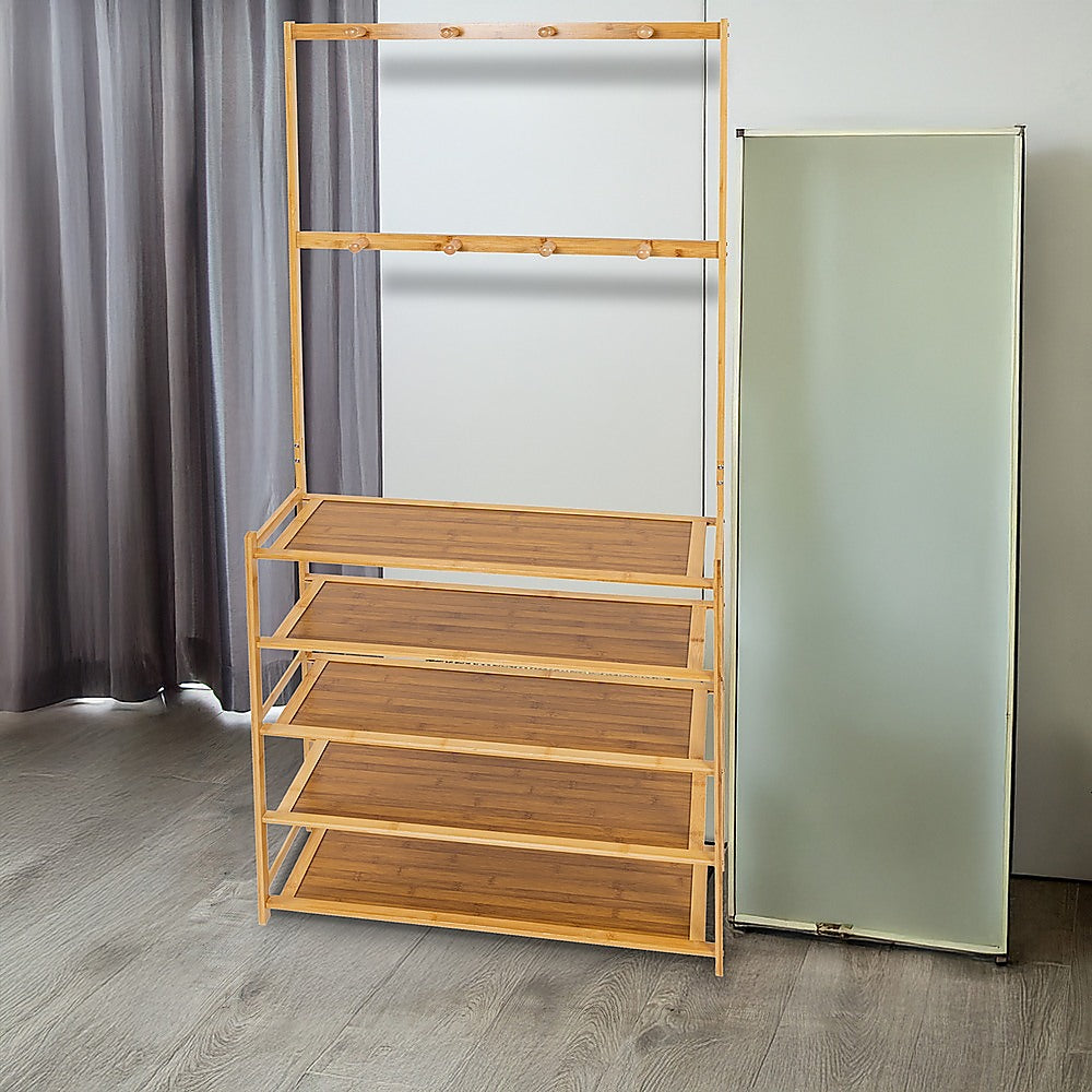 Large Wooden 5 Tiers Hat Coat Stand Clothes Shoe Rack Hanger Hooks Shelf Storage V63-840271