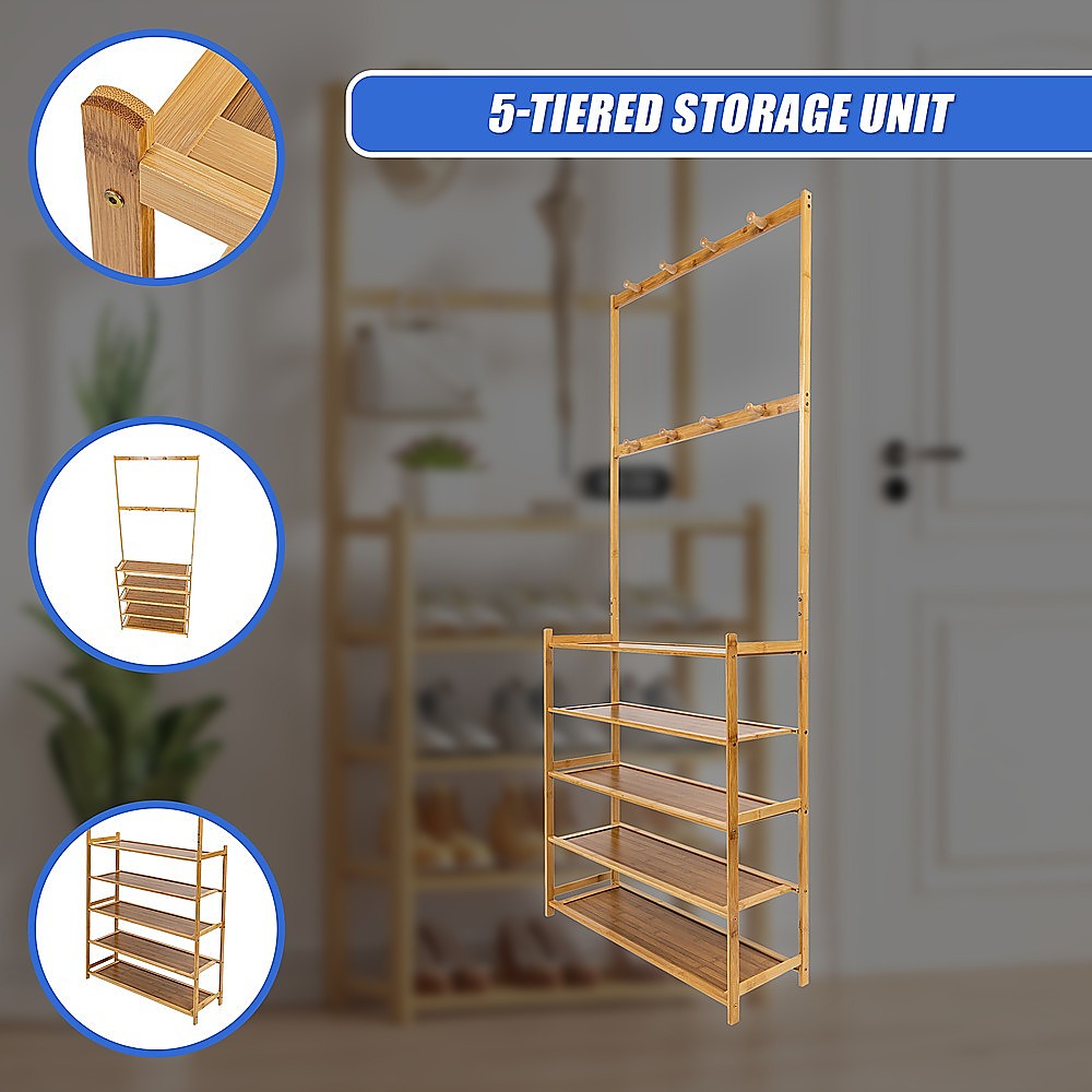 Large Wooden 5 Tiers Hat Coat Stand Clothes Shoe Rack Hanger Hooks Shelf Storage V63-840271