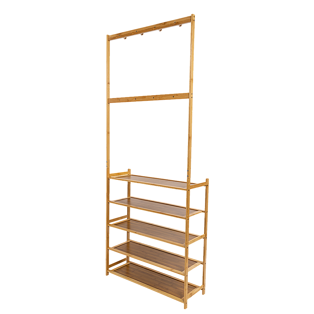 Large Wooden 5 Tiers Hat Coat Stand Clothes Shoe Rack Hanger Hooks Shelf Storage V63-840271