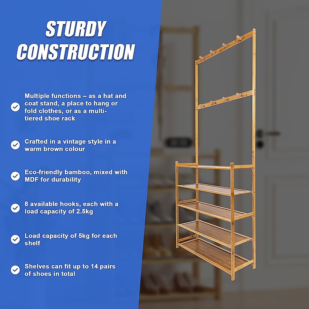 Large Wooden 5 Tiers Hat Coat Stand Clothes Shoe Rack Hanger Hooks Shelf Storage V63-840271
