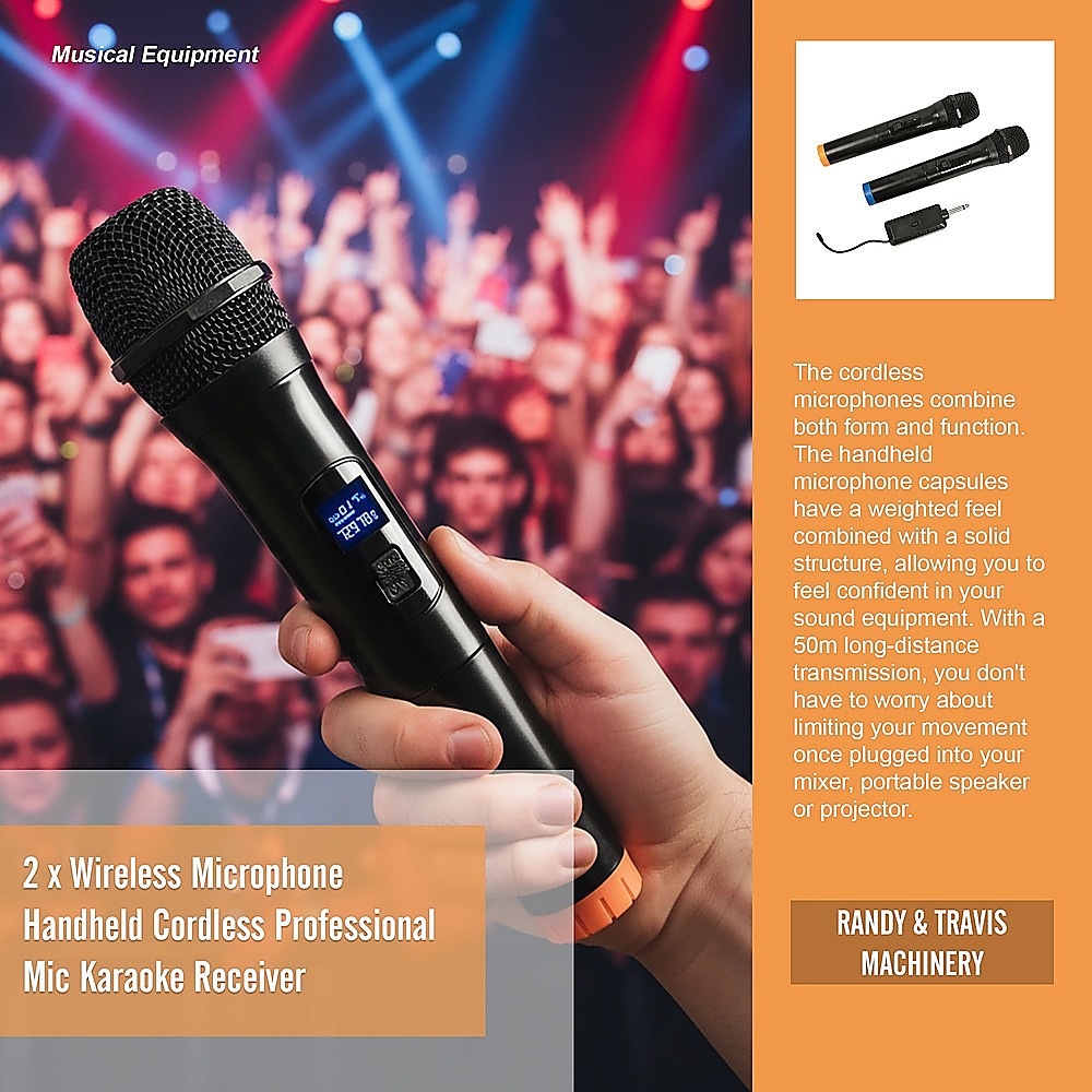 2 x Wireless Microphone Handheld Cordless Professional Mic Karaoke Receiver V63-840341