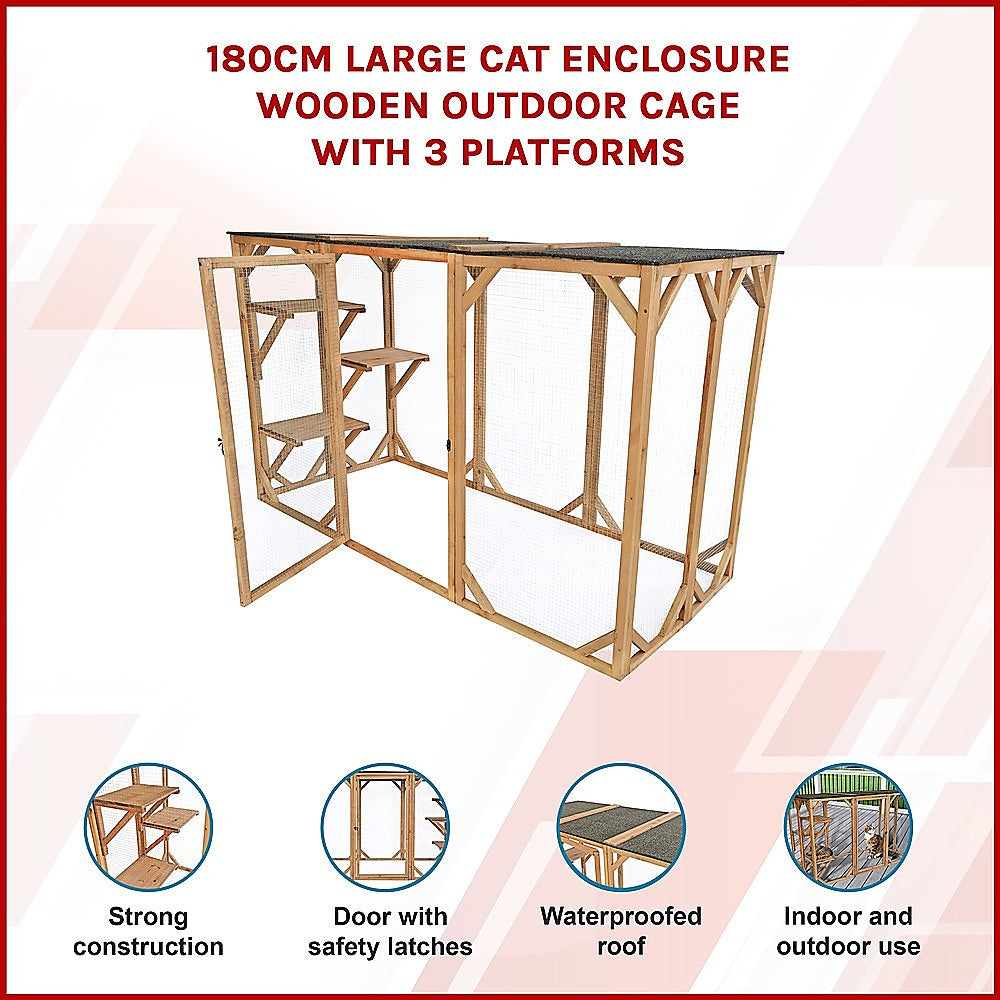 180cm Large Cat Enclosure Wooden Outdoor Cage with 3 Platforms V63-840481