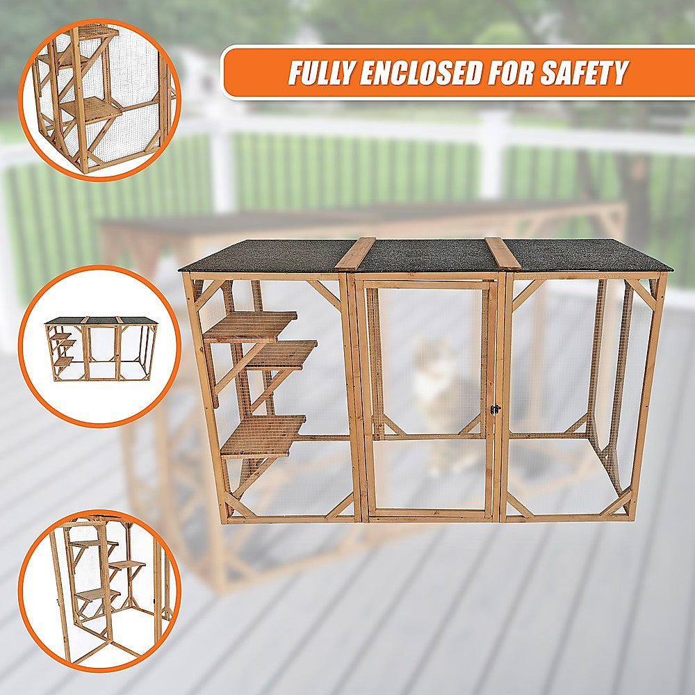180cm Large Cat Enclosure Wooden Outdoor Cage with 3 Platforms V63-840481