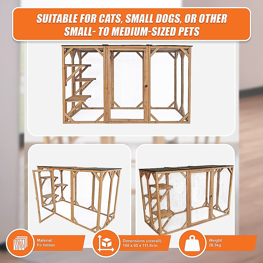 180cm Large Cat Enclosure Wooden Outdoor Cage with 3 Platforms V63-840481