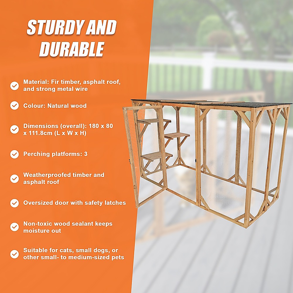180cm Large Cat Enclosure Wooden Outdoor Cage with 3 Platforms V63-840481