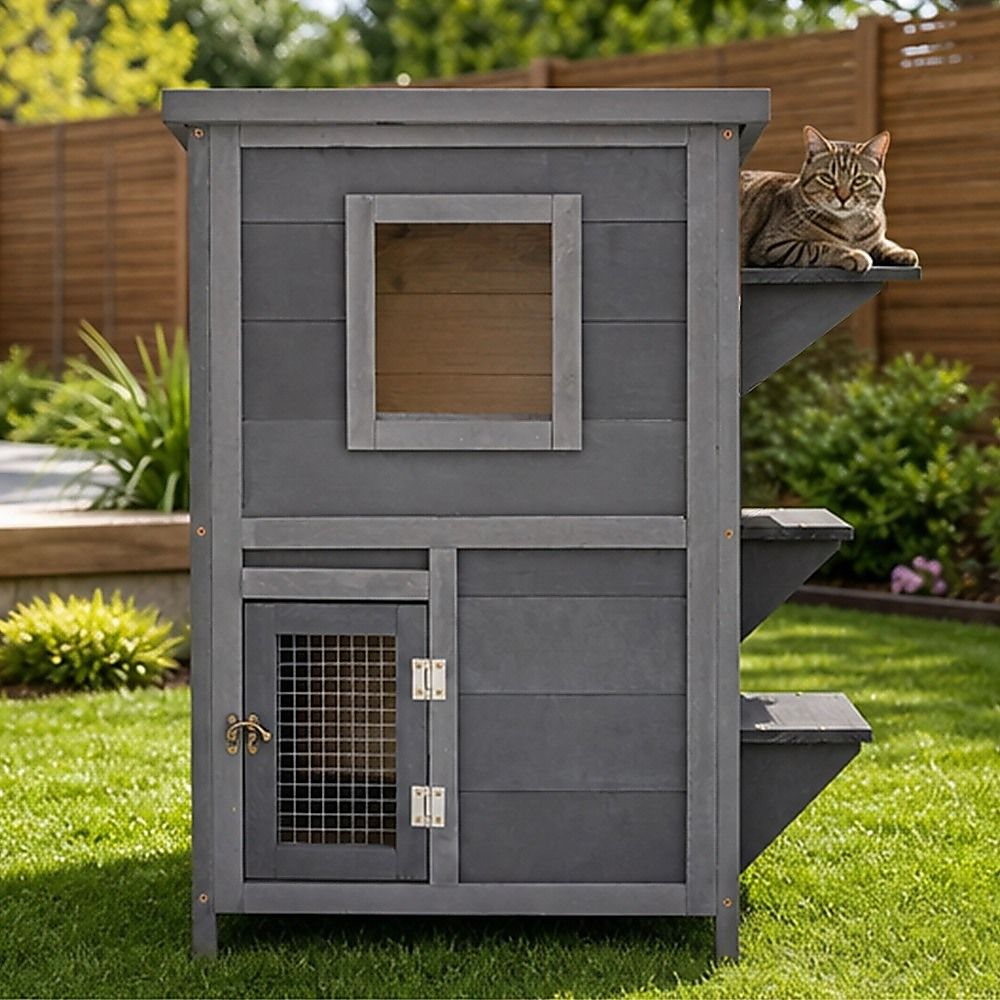 Cat House Weatherproof 2-Story Indoor Outdoor Wooden Shelter Bitumen Roof