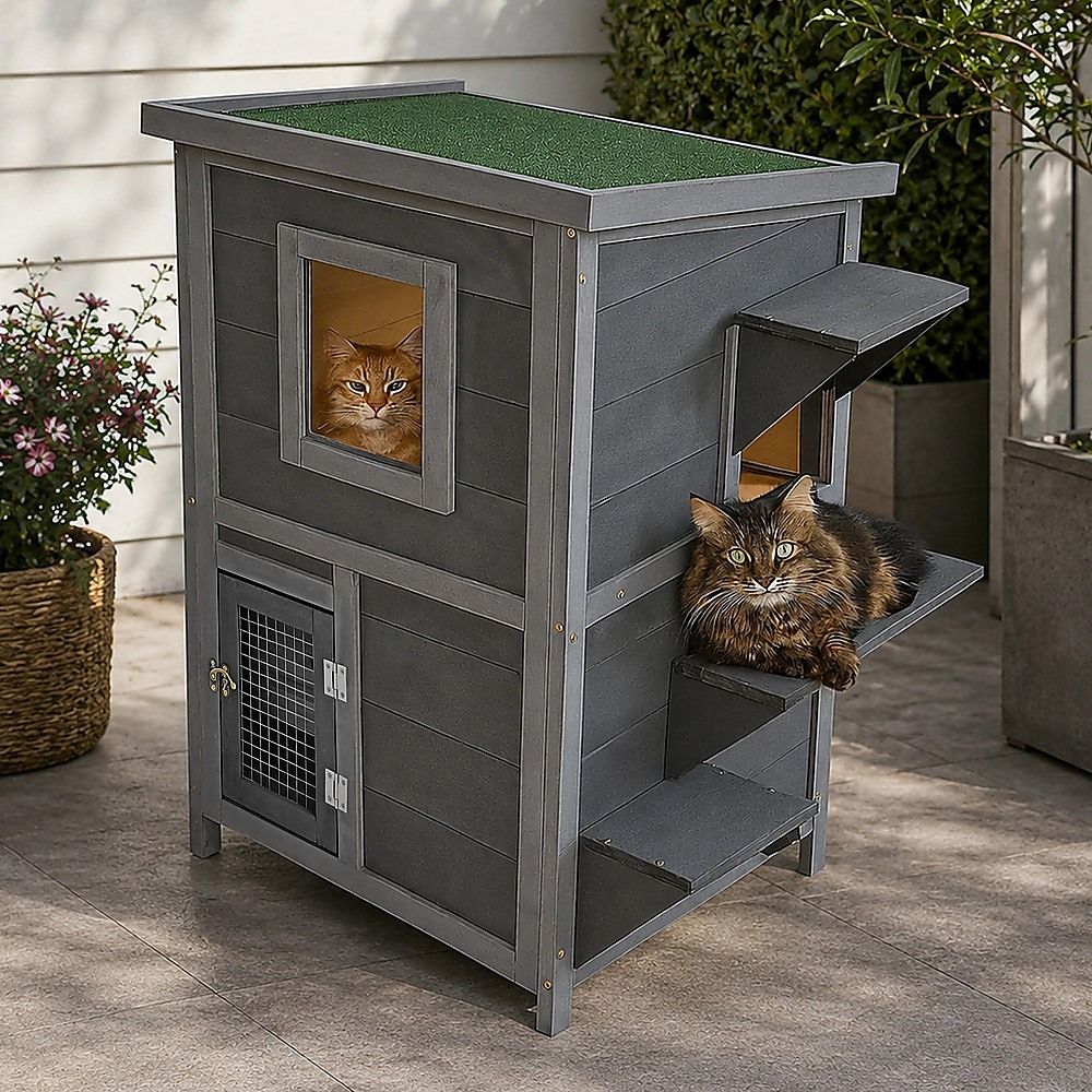 Cat House Weatherproof 2-Story Indoor Outdoor Wooden Shelter Bitumen Roof