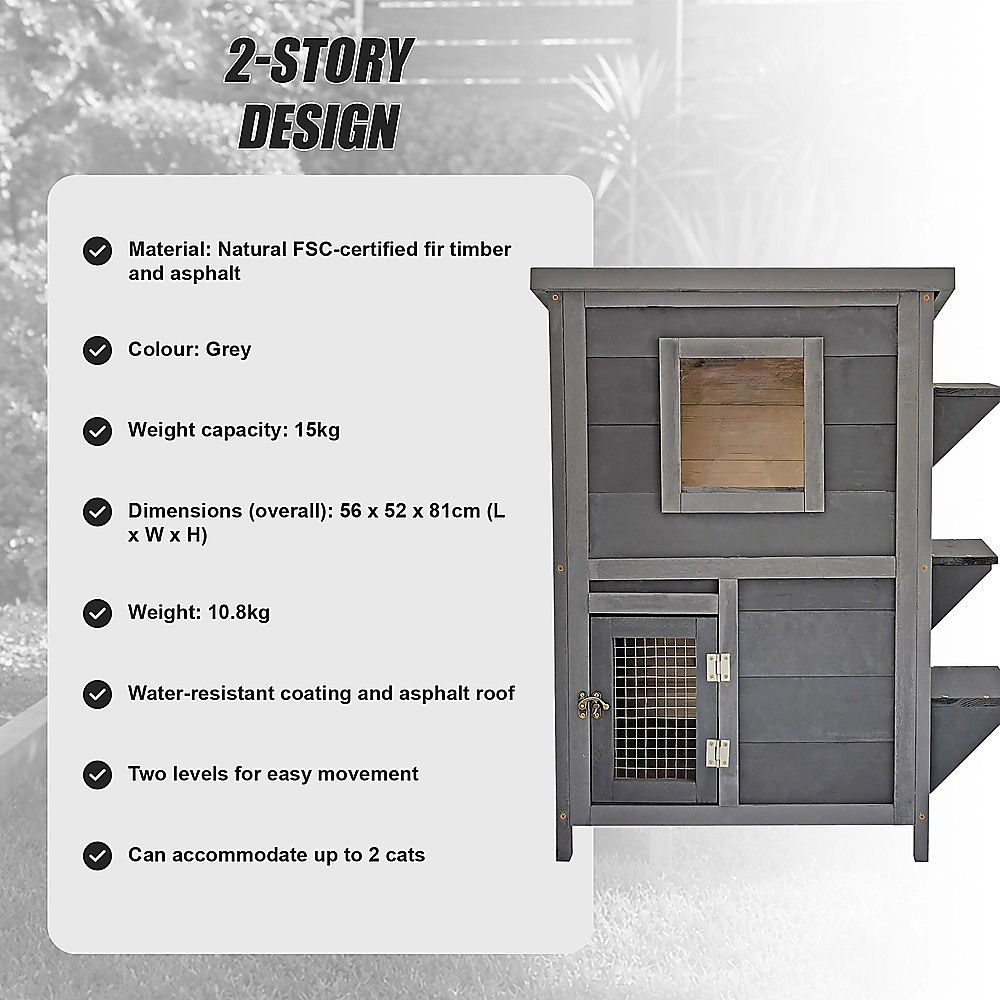 Cat House Weatherproof 2-Story Indoor Outdoor Wooden Shelter Bitumen Roof